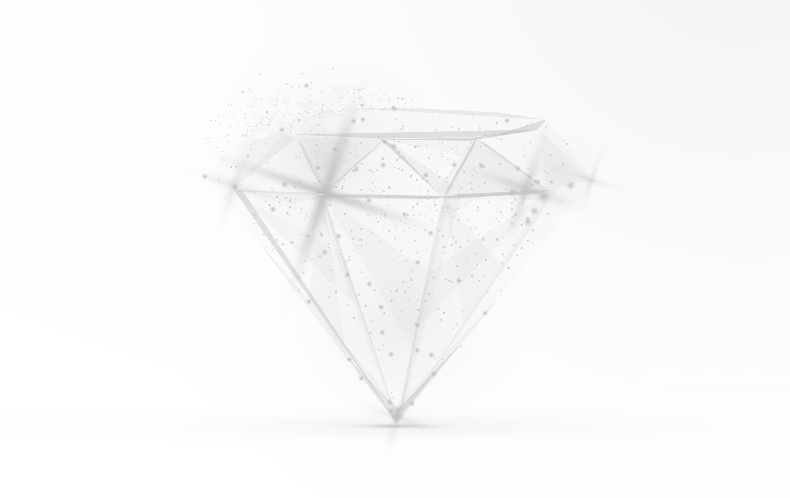 Półprzezroczysty, geometryczny kształt diamentu wykonany z cienkich linii i kropek na białym tle, symbolizujący jasność i wskazówki znalezione w mentoringu lub coachingu.